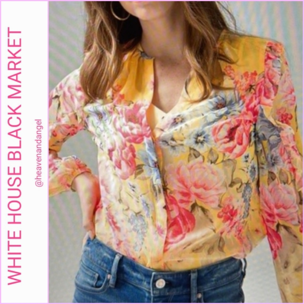 NEW WHBM Canary Yellow Floral Print Ruffle Sleeve Blouse